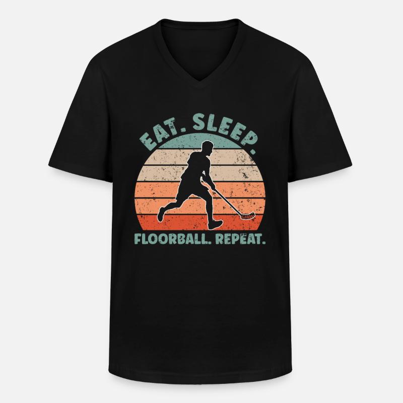 Eat Sleep Floorball Repeat - Männer-T-Shirt mit V-Ausschnitt - Schwarz