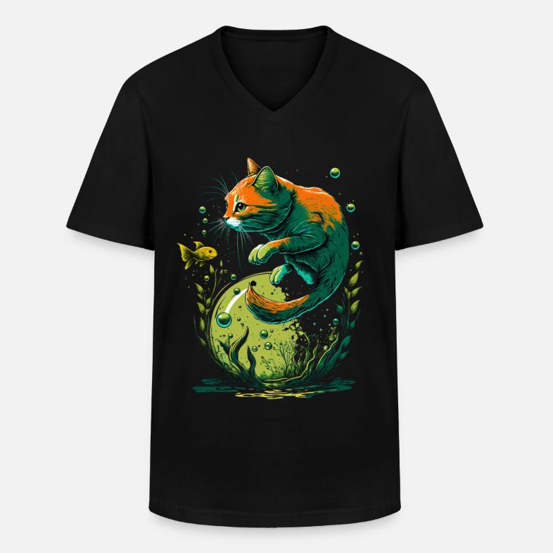 Fantasy Katze spielt mit Goldfischen - Männer-T-Shirt mit V-Ausschnitt - Schwarz