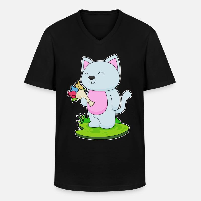 Katze Blumenstrauß - Männer-T-Shirt mit V-Ausschnitt - Schwarz