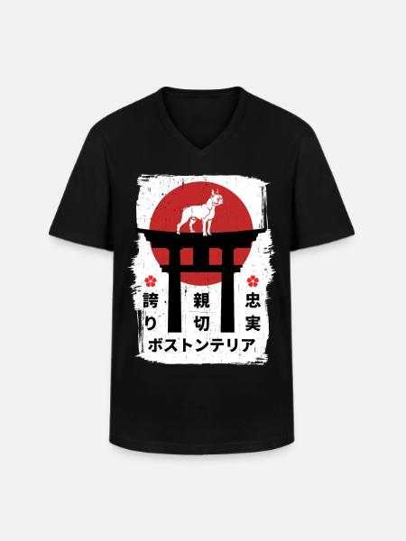 Boston-terrier chien Japon kanji - T-shirt col V Homme - noir