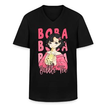 Cute Tapioca Balls Boba Tea Anime Girl Bubble Milk - Men's V-Neck T-Shirt - black - Front - AI Model Male 178 dark (178cm)