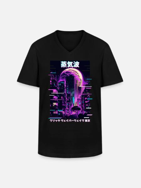 Retro Glitch Cityscape Vaporwave Futurism Tokyo Ae - Men's V-Neck T-Shirt - black