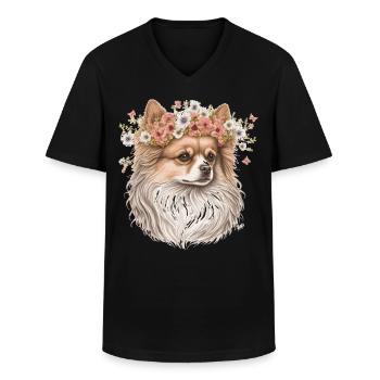 Fleur de Poméranie mignonne Couronne Race de chien de compagnie Flo - T-shirt col V Homme - noir - Devant - AI Model Male 178 dark (178cm)