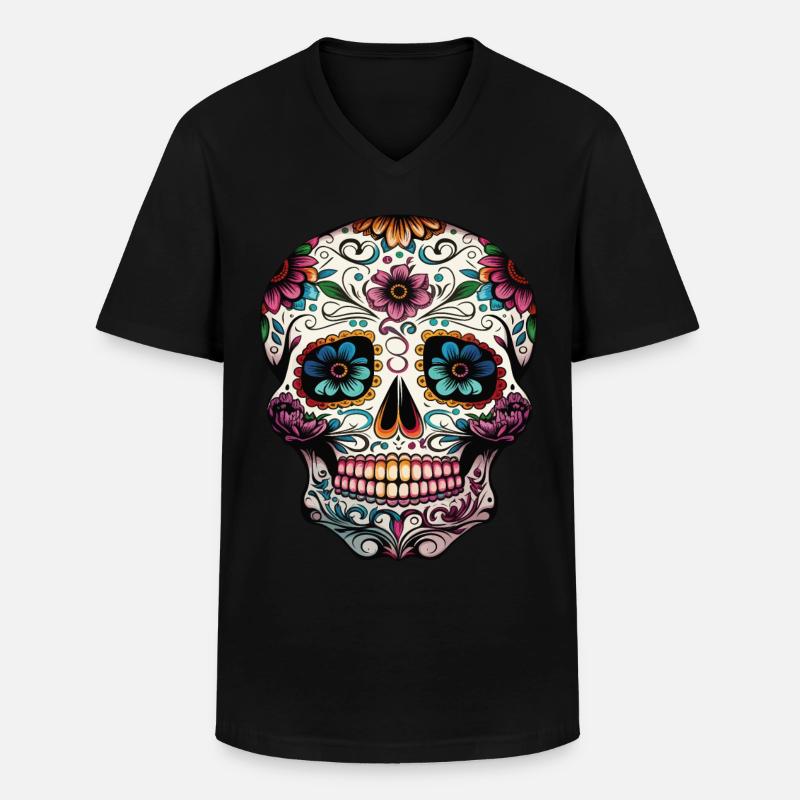 Mexikanischer dekorativer Schädel - Männer-T-Shirt mit V-Ausschnitt - Schwarz