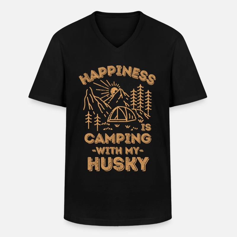 Camping mit Husky - Männer-T-Shirt mit V-Ausschnitt - Schwarz