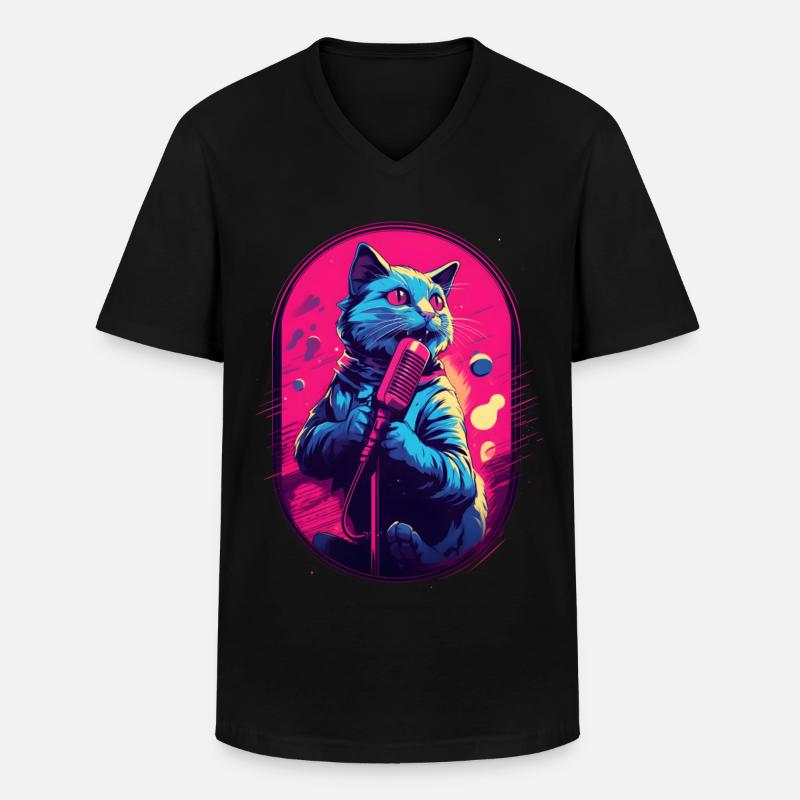 Singende Katze Mikrofon - Männer-T-Shirt mit V-Ausschnitt - Schwarz