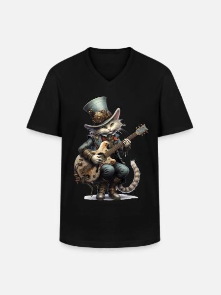 Guitar Playing Cat Steampunk - Men's V-Neck T-Shirt - black