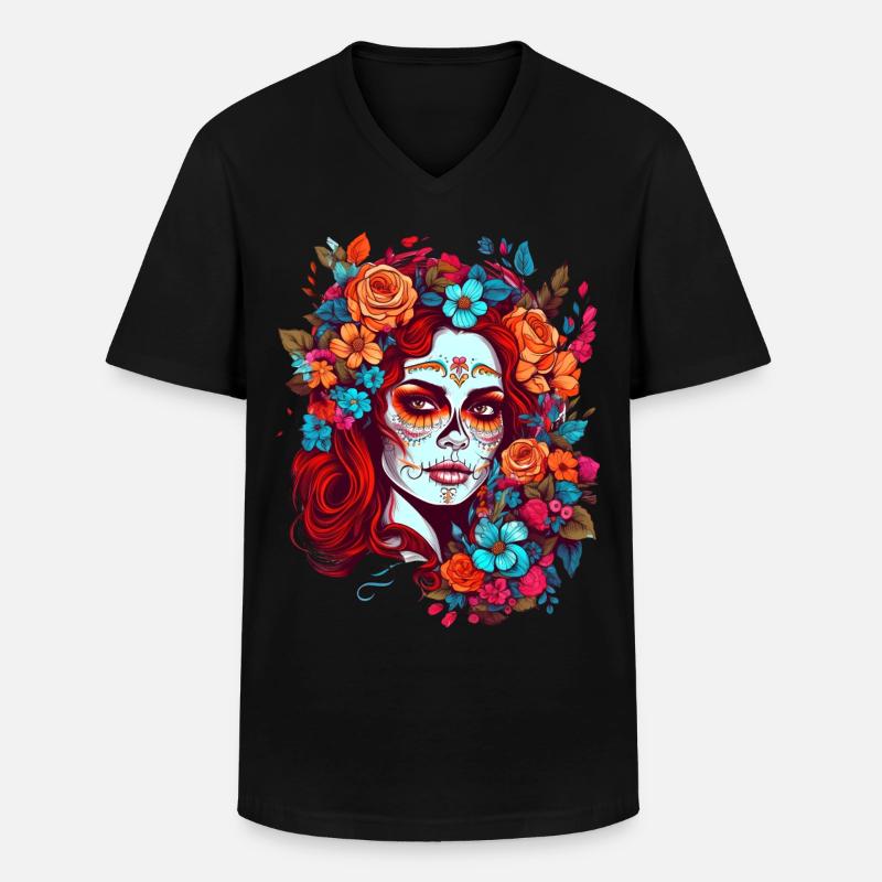 Dia de los muertos trucco donna con fiori - Maglietta da uomo classica con scollo a V - nero