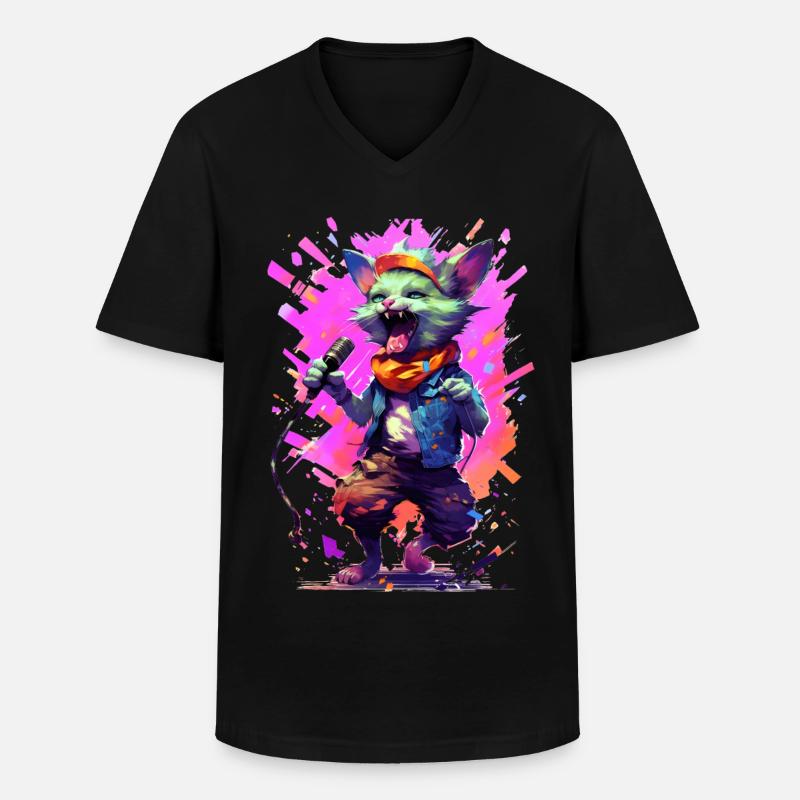 Singende Katze mit Mikrofon - Männer-T-Shirt mit V-Ausschnitt - Schwarz