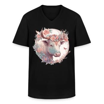 Watercolor Flower Ox Chinese Zodiac Animal Sign - Men's V-Neck T-Shirt - black - Front - AI Model Male 178 dark (178cm)