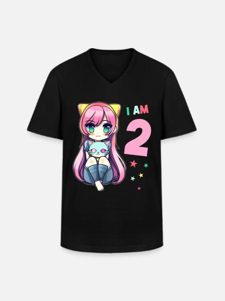 2 ans fille anime kawaii chat 2ème anniversaire - T-shirt col V Homme - noir
