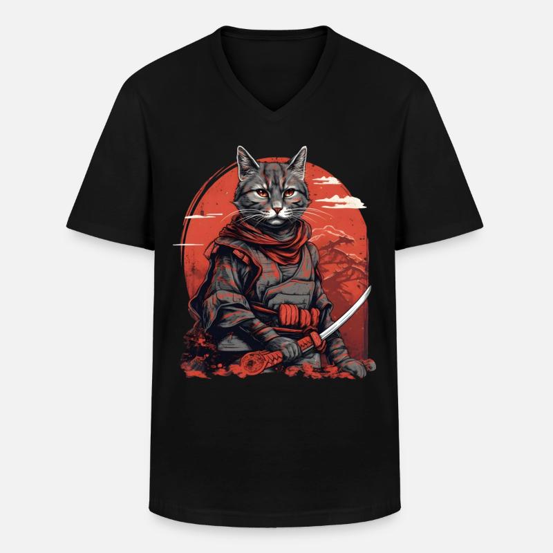Samurai Katze Japan - Männer-T-Shirt mit V-Ausschnitt - Schwarz