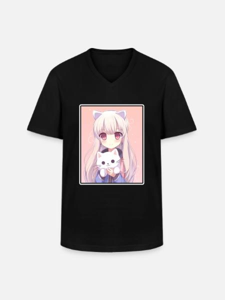 Kawaii pige anime manga pige kat - Klassisk herre T-shirt med V-udskæring - sort