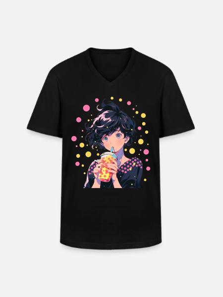 Anime et Boba Bubble Tea - T-shirt col V Homme - noir