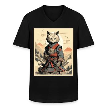 Japanese Cat Warrior - Men's V-Neck T-Shirt - black - Front - AI Model Male 178 dark (178cm)