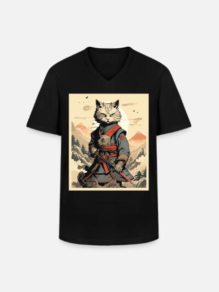 Japanese Cat Warrior - Men's V-Neck T-Shirt - black