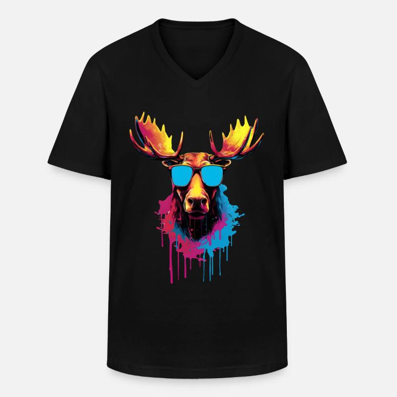Bunter Elch mit Sonnenbrille - Männer-T-Shirt mit V-Ausschnitt - Schwarz