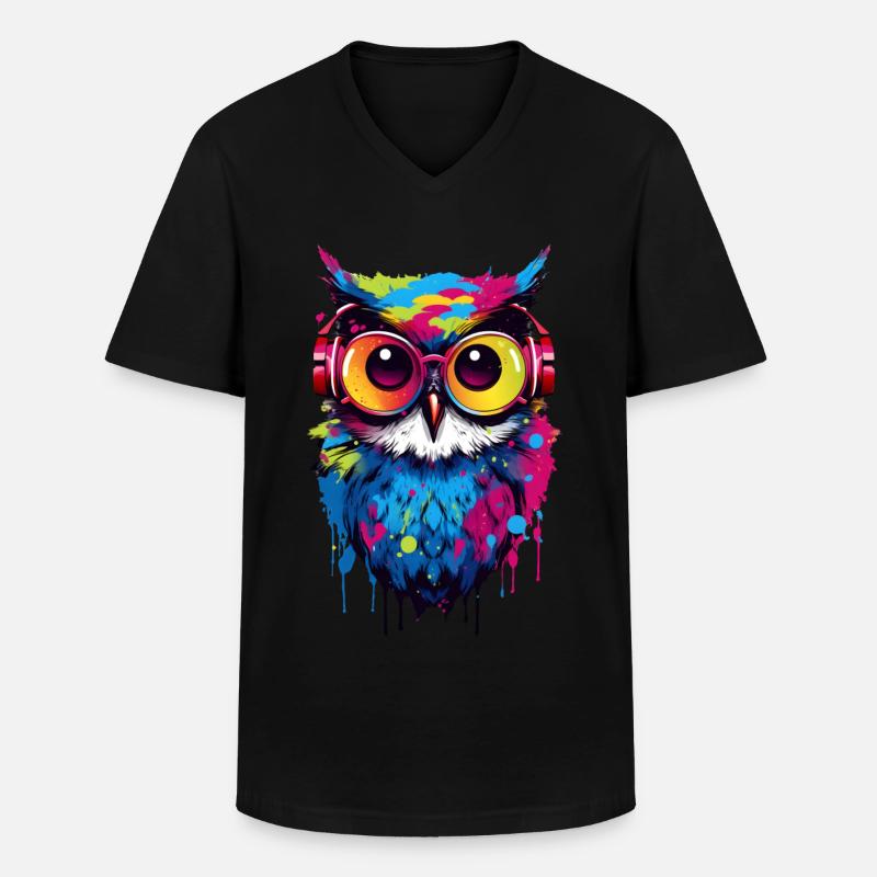 Bunte Eule mit Kopfhörer - Männer-T-Shirt mit V-Ausschnitt - Schwarz