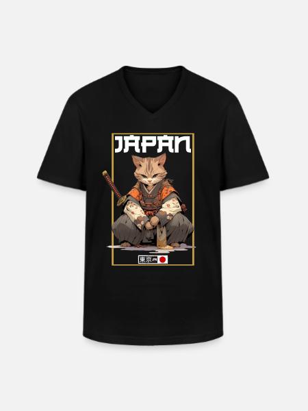 Asia Cat Japanese Samurai Samurai - Men's V-Neck T-Shirt - black
