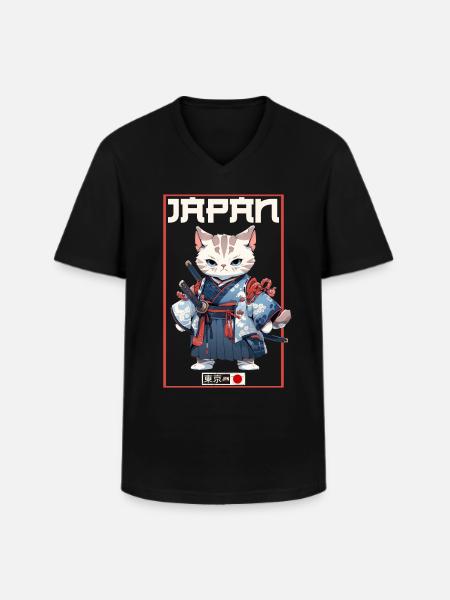 Asia Cat Japanese Samurai Samurai - Men's V-Neck T-Shirt - black