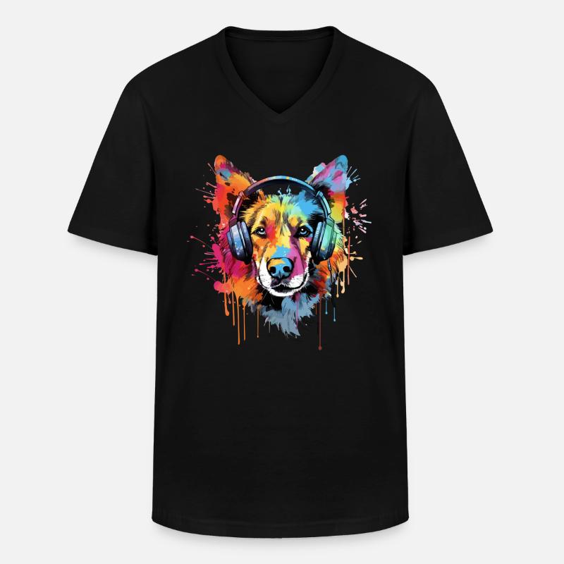 Hund mit Kopfhörer Musik - Männer-T-Shirt mit V-Ausschnitt - Schwarz