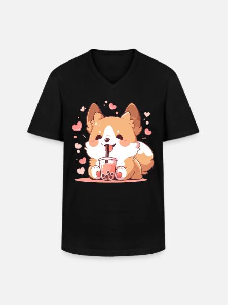 Kawaii Corgi Dog Drinks Boba Bubble Tea Chibi - Men's V-Neck T-Shirt - black