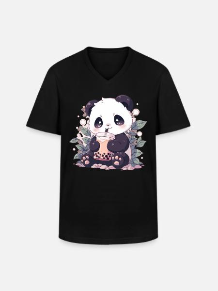 Kawaii Panda Drankjes Boba Bubble Tea Chibi - Klassiek mannen T-shirt met V-hals - zwart