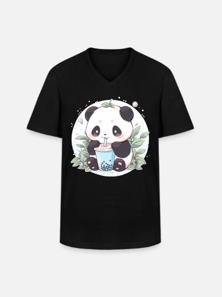 Kawaii Panda Drinks Boba Bubble Tea Chibi - Men's V-Neck T-Shirt - black