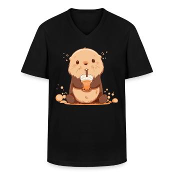 Kawaii Loutre Boissons Boba Bubble Tea Chibi - T-shirt col V Homme - noir - Devant - AI Model Male 178 dark (178cm)