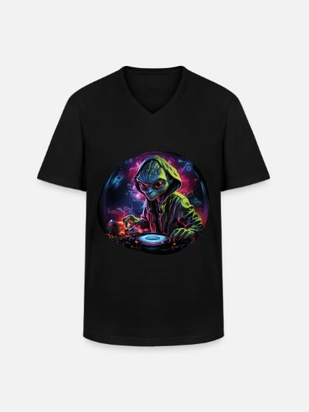 Alien DJ, Space DJ, Cosmic Beats, AlienCartoon, - Men's V-Neck T-Shirt - black