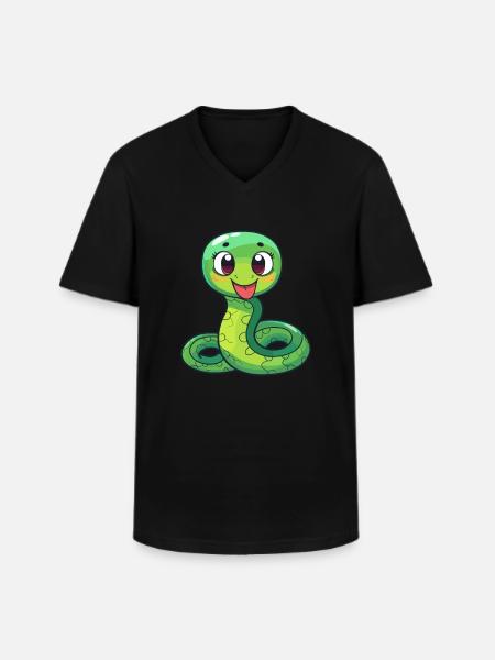 Serpiente Linda Dibujos Animados Kawaii Acuarela Animal Mascota - Camiseta con cuello de pico hombre - negro