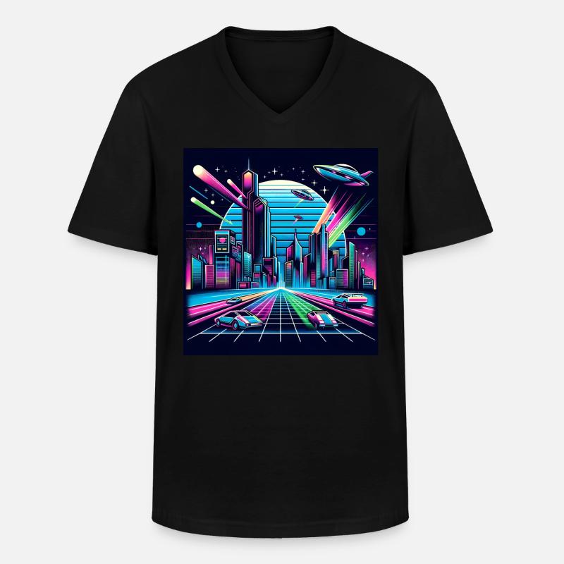Synthwave Stadt mit UFOs - Männer-T-Shirt mit V-Ausschnitt - Schwarz