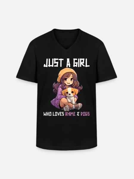 Kawaii Girl Anime Manga Girl and Dog - Men's V-Neck T-Shirt - black