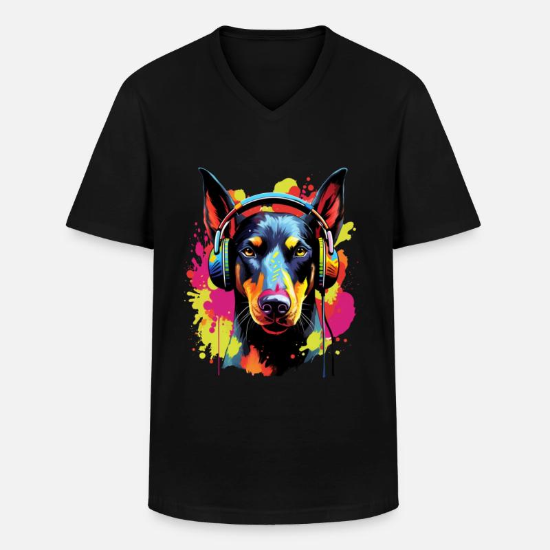 Bunter Dobermann mit Kopfhörer - Männer-T-Shirt mit V-Ausschnitt - Schwarz