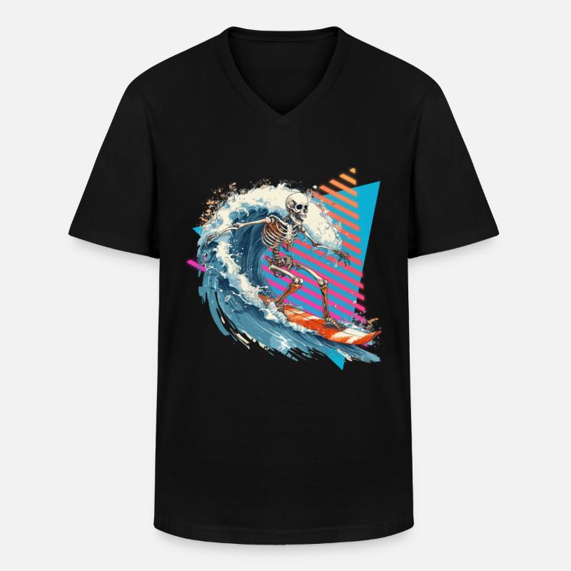 Skelett Surfer 80er Jahre - Männer-T-Shirt mit V-Ausschnitt - Schwarz