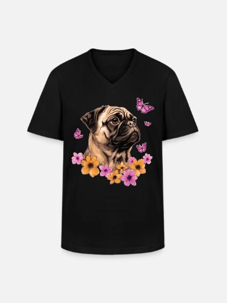 Mops mit Schmetterlingen - Männer-T-Shirt mit V-Ausschnitt - Schwarz
