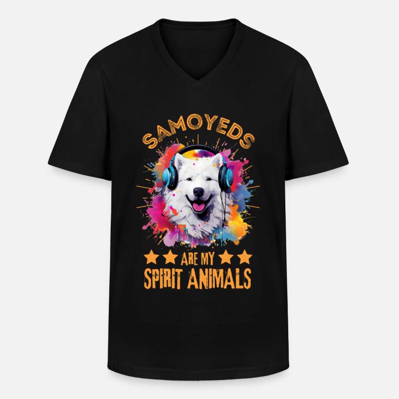Bunter Samojede mit Kopfhörer - Männer-T-Shirt mit V-Ausschnitt - Schwarz