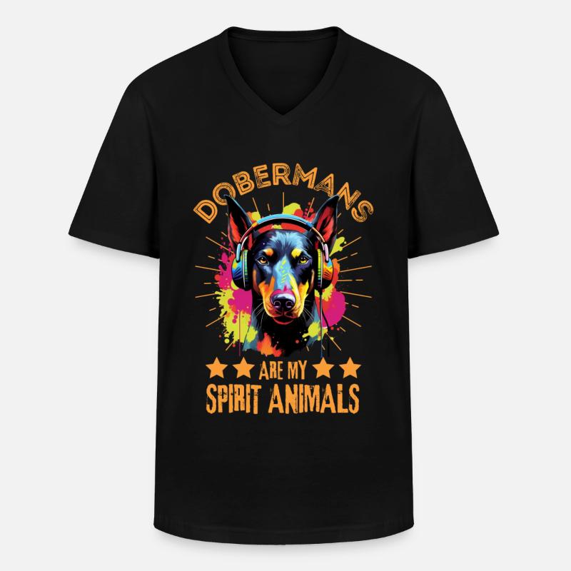 Bunter Dobermann mit Kopfhörer - Männer-T-Shirt mit V-Ausschnitt - Schwarz