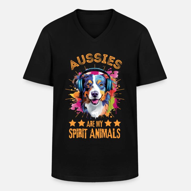 Bunter Australischer Schäferhund mit Kopfhörer - Männer-T-Shirt mit V-Ausschnitt - Schwarz