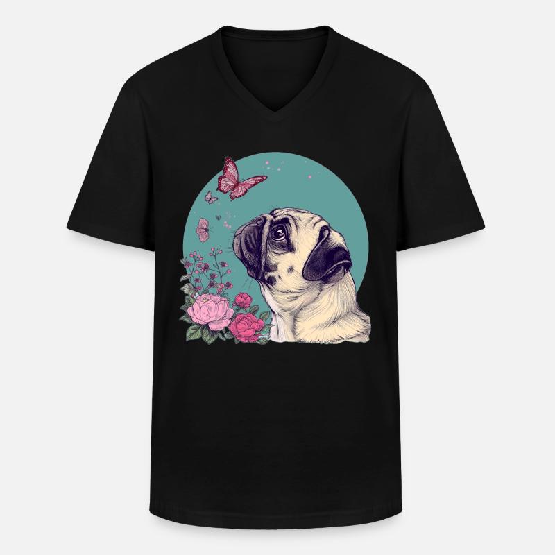 Mops und Schmetterling - Männer-T-Shirt mit V-Ausschnitt - Schwarz