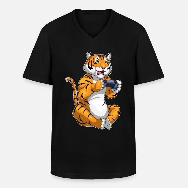 Tiger Gamer Controller - Männer-T-Shirt mit V-Ausschnitt - Schwarz