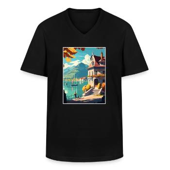 Annecy Décoration Vintage Voyage Poster Souvenir - T-shirt col V Homme - noir - Devant - AI Model Male 178 dark (178cm)