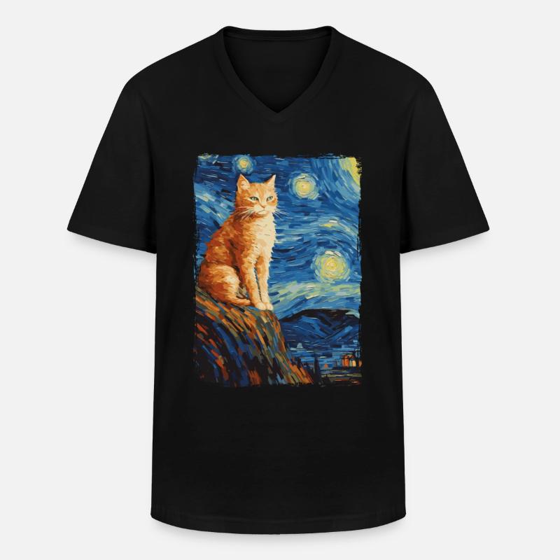 Katze Starry Night - Männer-T-Shirt mit V-Ausschnitt - Schwarz