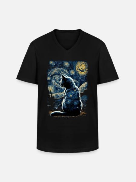 Cat Starry Night - Men's V-Neck T-Shirt - black