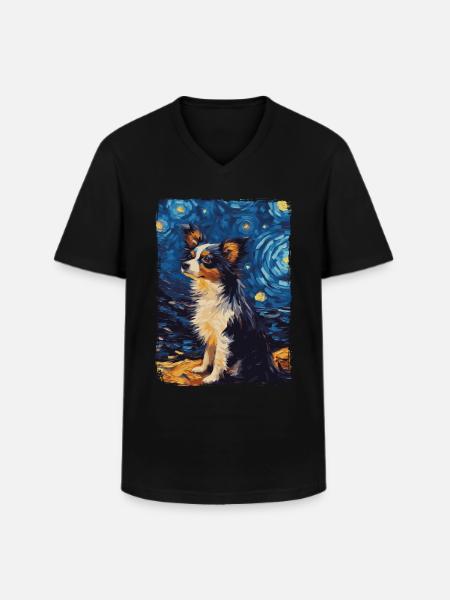 Papillon Chien Nuit Étoilée - T-shirt col V Homme - noir