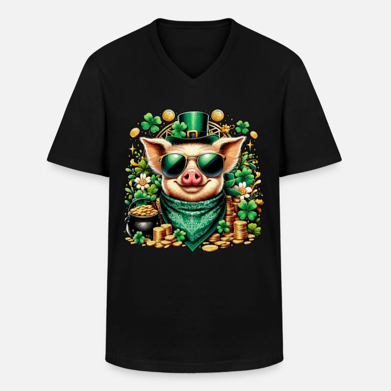 Cooles Schwein mit Kleeblatt - Männer-T-Shirt mit V-Ausschnitt - Schwarz