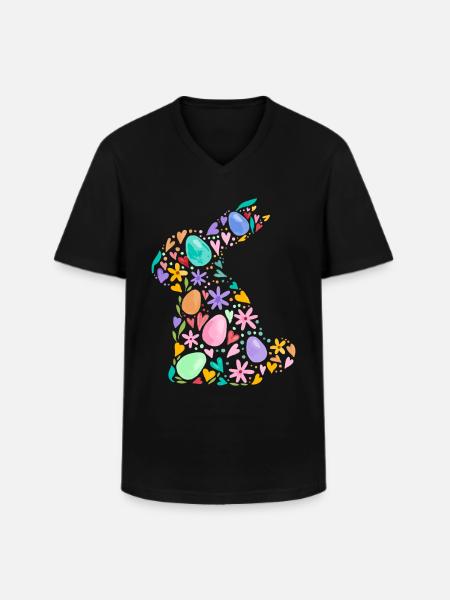 Farverig påskehare, påskeæg, blomster, påskegrafik - Klassisk herre T-shirt med V-udskæring - sort