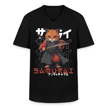 Samurai Kat Kawaii Japanse Ninja Kat - Klassiek mannen T-shirt met V-hals - zwart - Voor - AI Model Male 178 dark (178cm)
