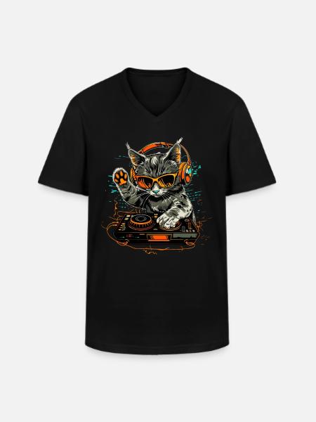 DJ Cat with Headphones and Sunglasses | DJ Cat - Men's V-Neck T-Shirt - black
