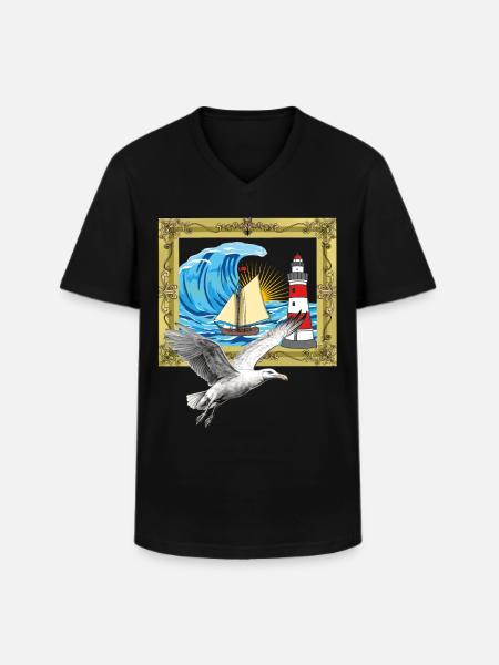 Mås, Maritima Måsar, Sjöfåglar, Fyr - T-shirt med V-ringning herr - svart